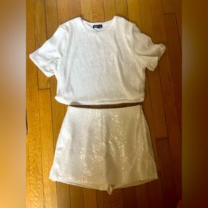 Skimming sequin crew neck boxy cropped tee & super high waist sequin mini skort